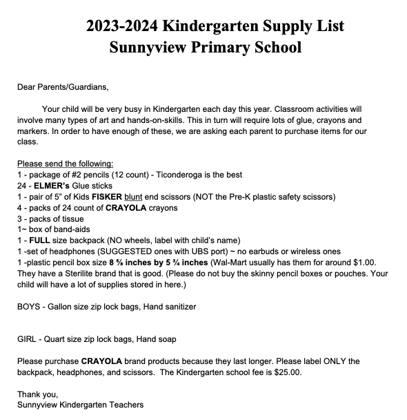 Kindergarten Supply List